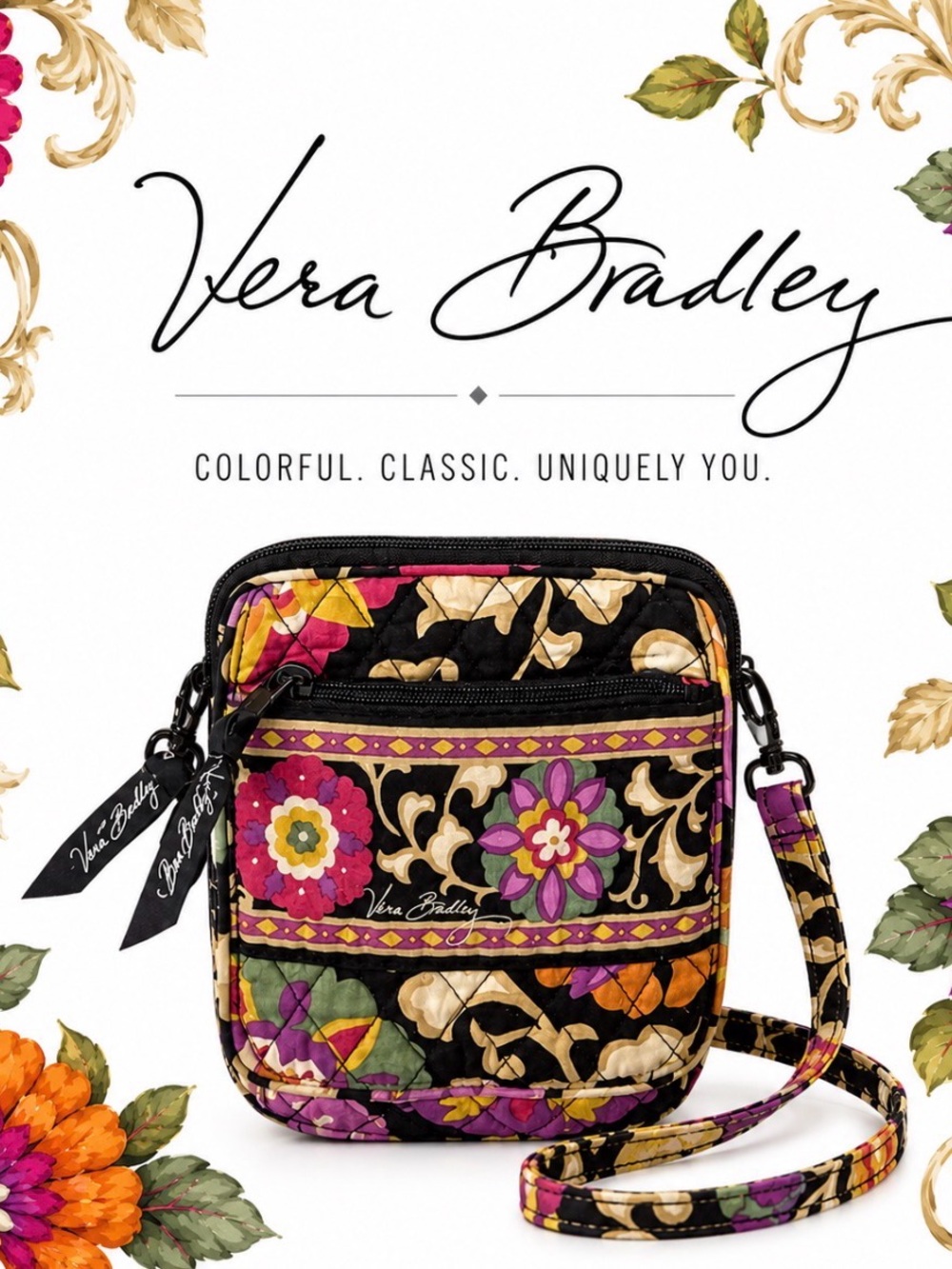 Vera Bradley Floral Quilted Crossbody Bag  Suzani Pattern Shoulder Purse
